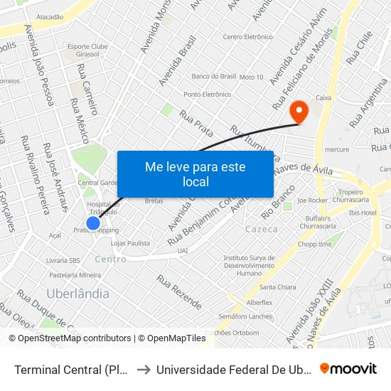 Terminal Central (Plataforma A1 - Azul) to Universidade Federal De Uberlândia - Campus Educa map