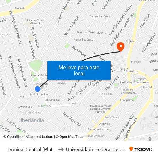 Terminal Central (Plataforma B2 - Amarelo) to Universidade Federal De Uberlândia - Campus Educa map