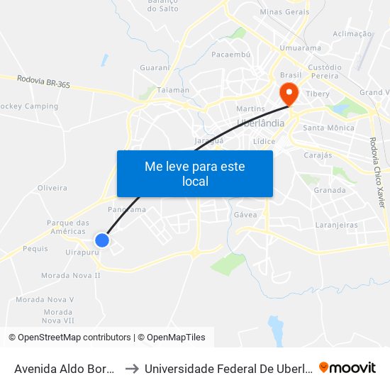 Avenida Aldo Borges Leão, 2040 to Universidade Federal De Uberlândia - Campus Educa map