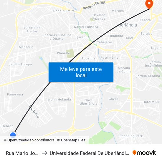 Rua Mario José Pinto, to Universidade Federal De Uberlândia - Campus Educa map