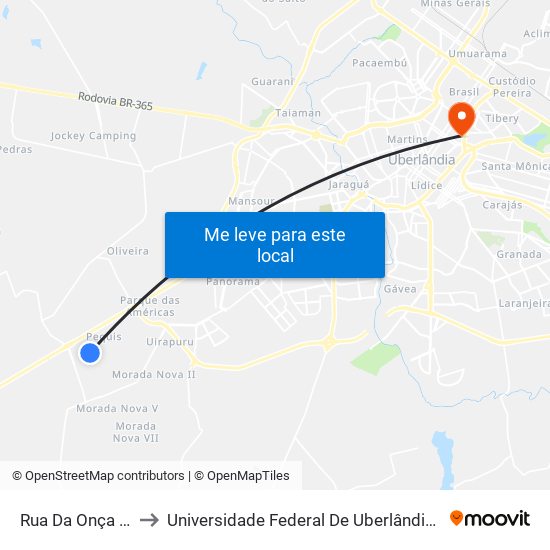 Rua Da Onça Pintada, to Universidade Federal De Uberlândia - Campus Educa map