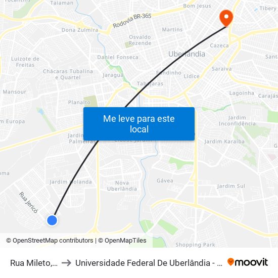 Rua Mileto, 1735 to Universidade Federal De Uberlândia - Campus Educa map