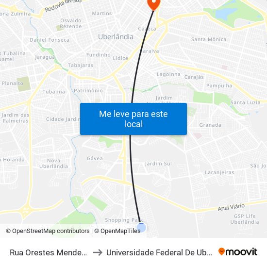 Rua Orestes Mendes Ferreira, 462-530 to Universidade Federal De Uberlândia - Campus Educa map