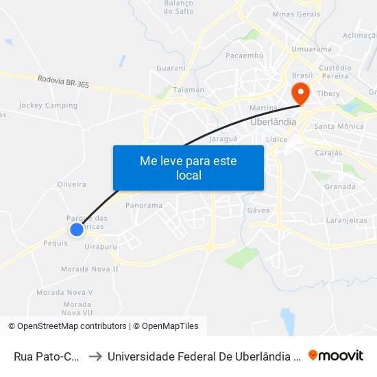 Rua Pato-Corredor to Universidade Federal De Uberlândia - Campus Educa map