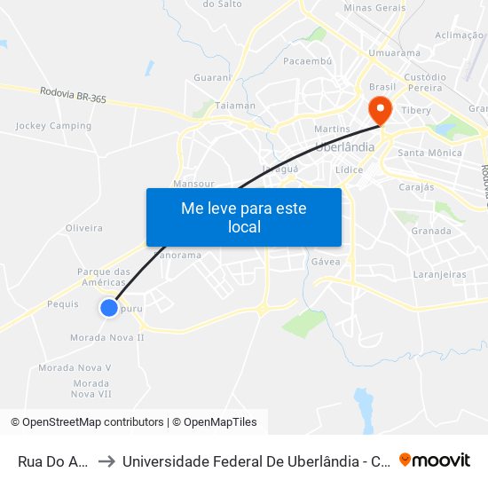 Rua Do Azulão to Universidade Federal De Uberlândia - Campus Educa map