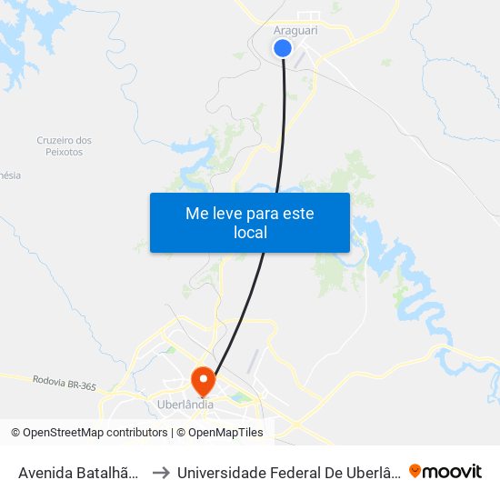 Avenida Batalhão Mauá, 1676 to Universidade Federal De Uberlândia - Campus Educa map