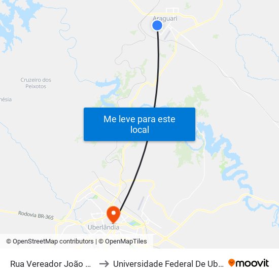 Rua Vereador João Veloso Araújo, 1202 to Universidade Federal De Uberlândia - Campus Educa map