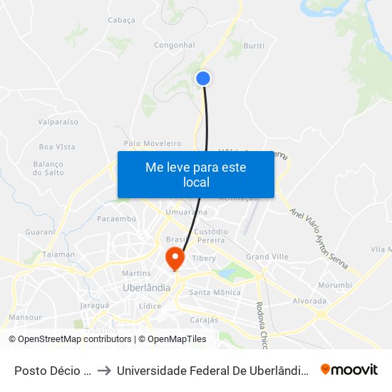 Posto Décio - Buritis to Universidade Federal De Uberlândia - Campus Educa map