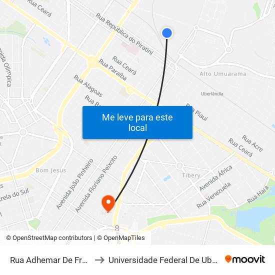Rua Adhemar De Freitas Macedo, 188 to Universidade Federal De Uberlândia - Campus Educa map