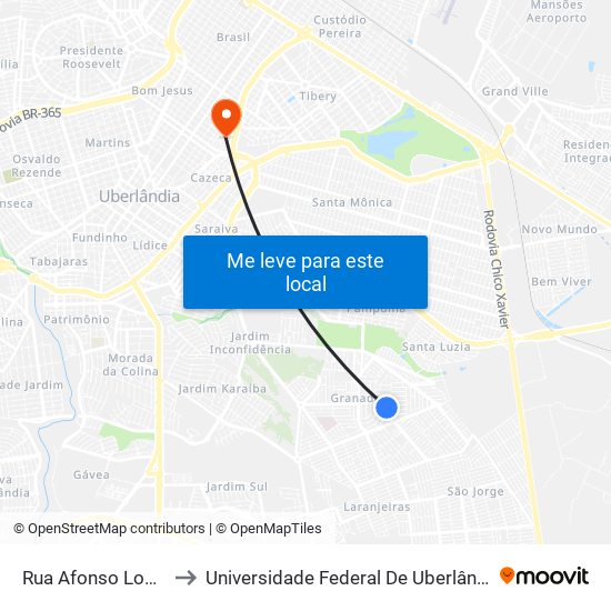 Rua Afonso Lourenço, 390 to Universidade Federal De Uberlândia - Campus Educa map