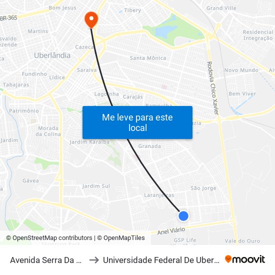 Avenida Serra Da Bodoquena 865 to Universidade Federal De Uberlândia - Campus Educa map