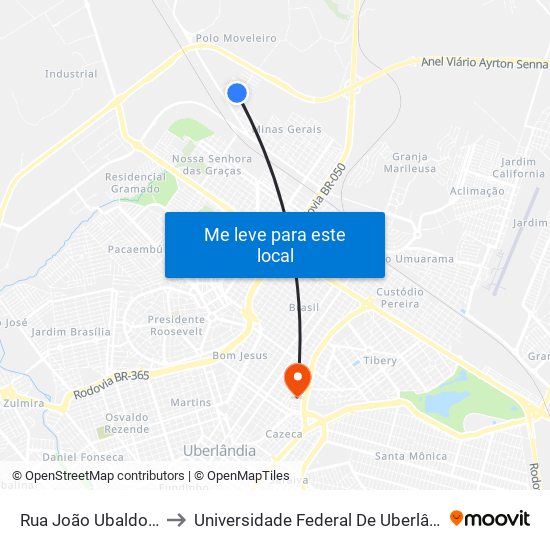 Rua João Ubaldo Ribeiro, 212 to Universidade Federal De Uberlândia - Campus Educa map