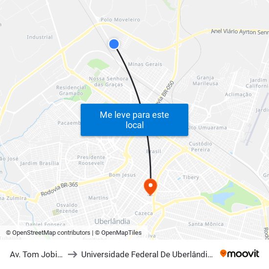 Av. Tom Jobim, 1705 to Universidade Federal De Uberlândia - Campus Educa map