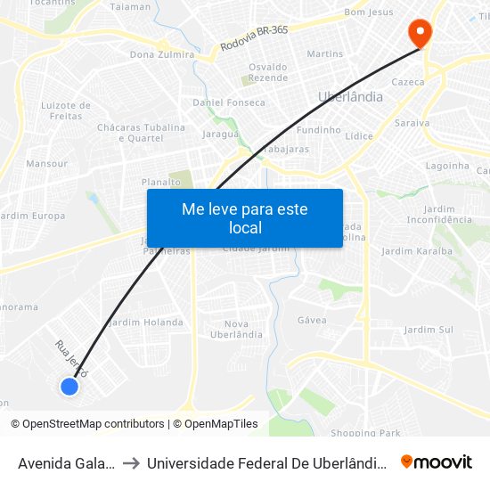 Avenida Galassi, 806 to Universidade Federal De Uberlândia - Campus Educa map