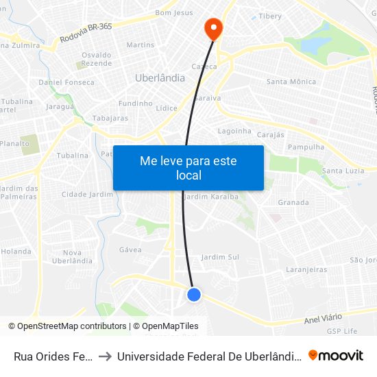 Rua Orides Ferreira 50 to Universidade Federal De Uberlândia - Campus Educa map