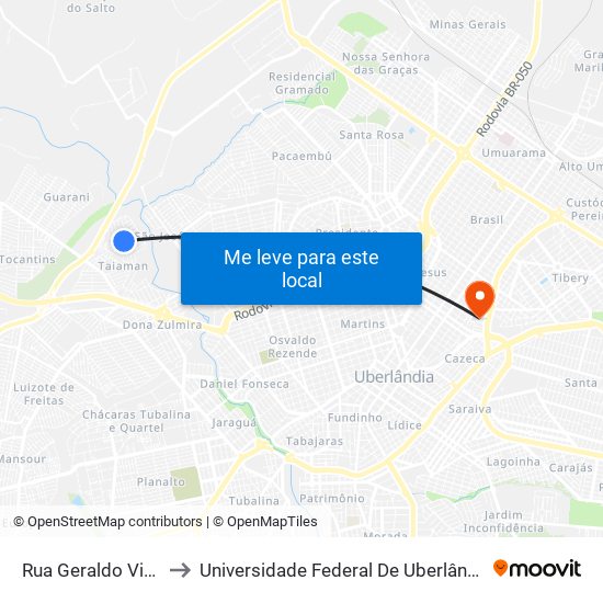 Rua Geraldo Vitórino, 667 to Universidade Federal De Uberlândia - Campus Educa map