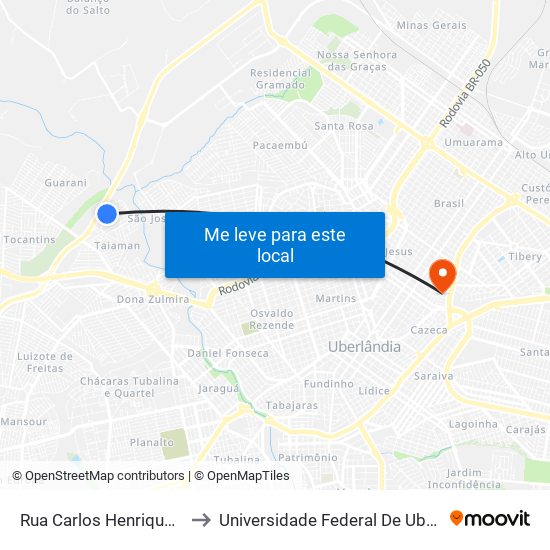 Rua Carlos Henrique Rodrigues Nunes, to Universidade Federal De Uberlândia - Campus Educa map