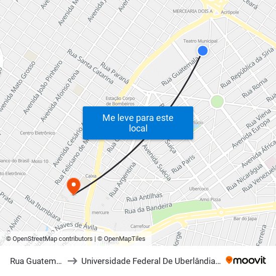 Rua Guatemala, 542 to Universidade Federal De Uberlândia - Campus Educa map