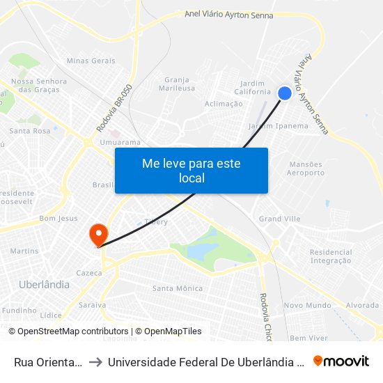 Rua Oriental, 1720 to Universidade Federal De Uberlândia - Campus Educa map