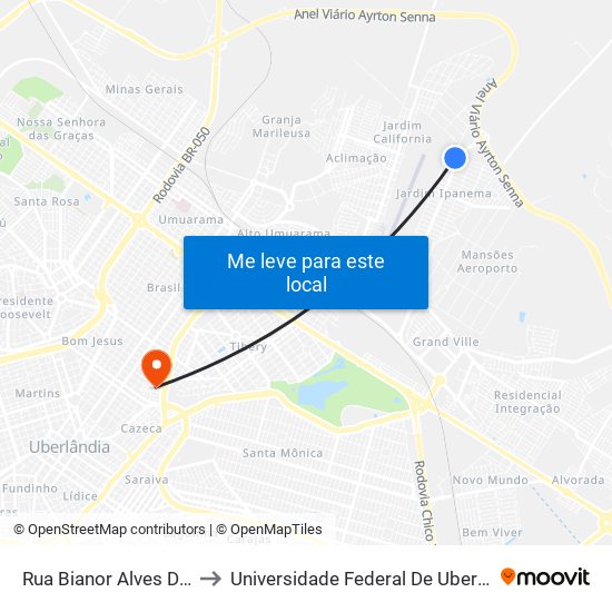 Rua Bianor Alves De Andrade, 132 to Universidade Federal De Uberlândia - Campus Educa map