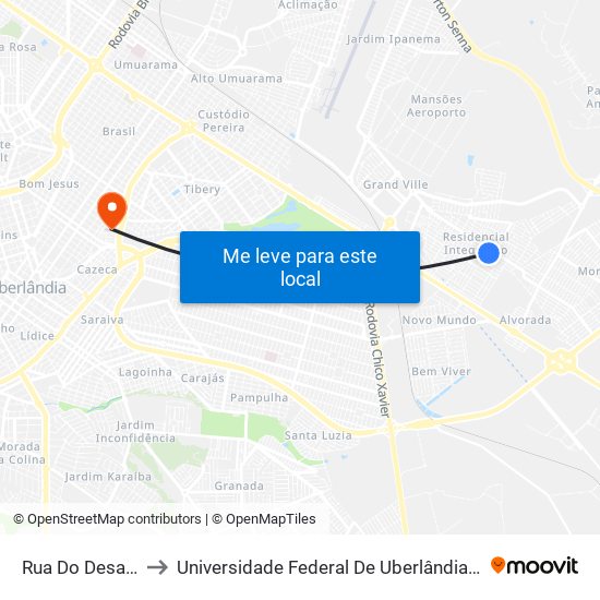 Rua Do Desafio, 500 to Universidade Federal De Uberlândia - Campus Educa map