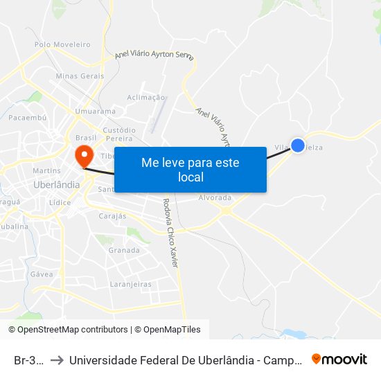 Br-365 to Universidade Federal De Uberlândia - Campus Educa map