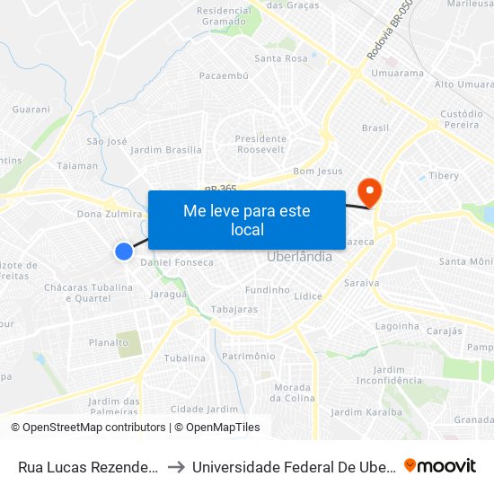 Rua Lucas Rezende Vasconcelos, 56 to Universidade Federal De Uberlândia - Campus Educa map
