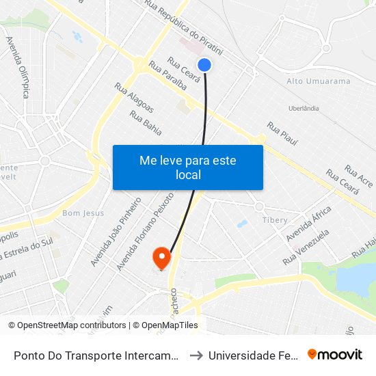 Ponto Do Transporte Intercampi Ufu - Campus Umuarama (Av. Professor José Inácio De Souza) to Universidade Federal De Uberlândia - Campus Educa map