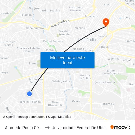 Alameda Paulo César Santana, 530 to Universidade Federal De Uberlândia - Campus Educa map