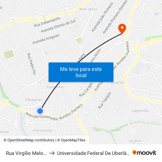 Rua Virgílio Melo Franco, 450 to Universidade Federal De Uberlândia - Campus Educa map