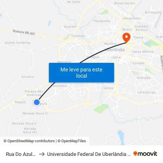 Rua Do Azulao, 298 to Universidade Federal De Uberlândia - Campus Educa map