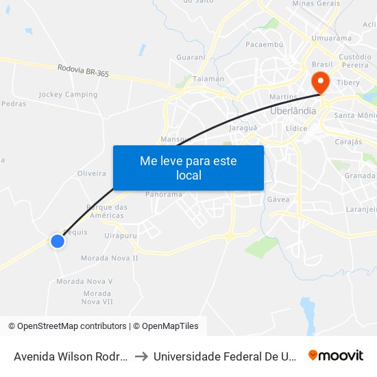 Avenida Wilson Rodrigues Da Silva, 2772 to Universidade Federal De Uberlândia - Campus Educa map