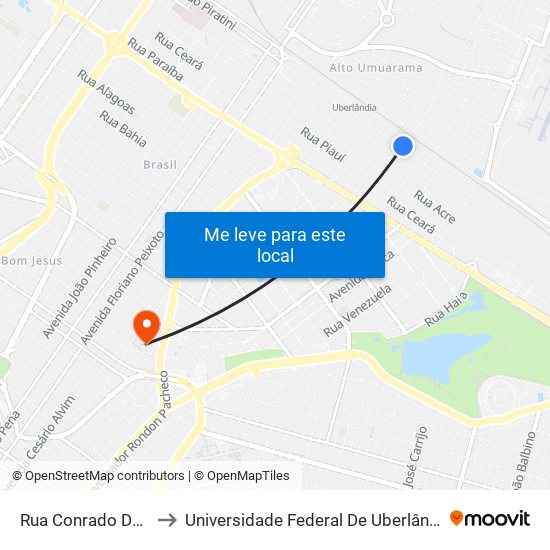 Rua Conrado De Brito, 657 to Universidade Federal De Uberlândia - Campus Educa map