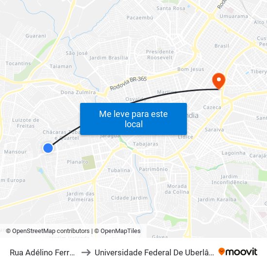 Rua Adélino Ferreira, 293-375 to Universidade Federal De Uberlândia - Campus Educa map