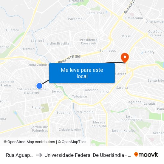 Rua Aguapé, 450 to Universidade Federal De Uberlândia - Campus Educa map