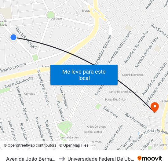 Avenida João Bernardes De Souza, 309 to Universidade Federal De Uberlândia - Campus Educa map