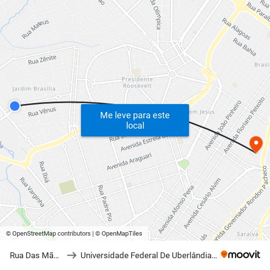 Rua Das Mães, 1086 to Universidade Federal De Uberlândia - Campus Educa map