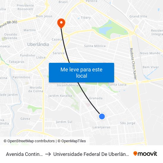 Avenida Continental, 576 to Universidade Federal De Uberlândia - Campus Educa map