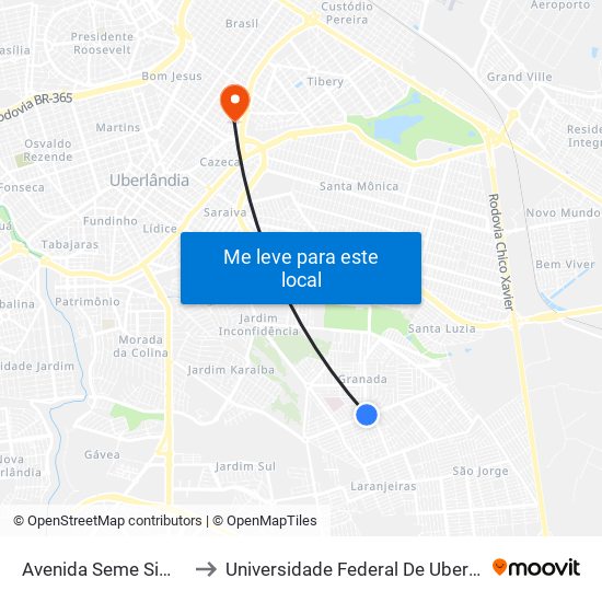 Avenida Seme Simão, 1010-1248 to Universidade Federal De Uberlândia - Campus Educa map