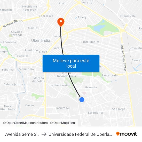 Avenida Seme Simão, 2277 to Universidade Federal De Uberlândia - Campus Educa map