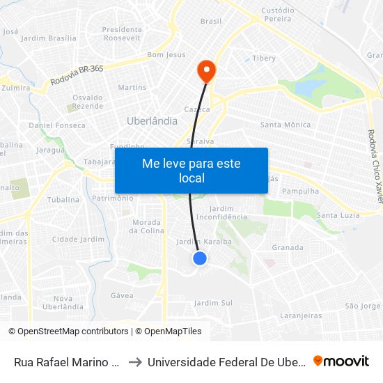 Rua Rafael Marino Neto, 1005-1159 to Universidade Federal De Uberlândia - Campus Educa map