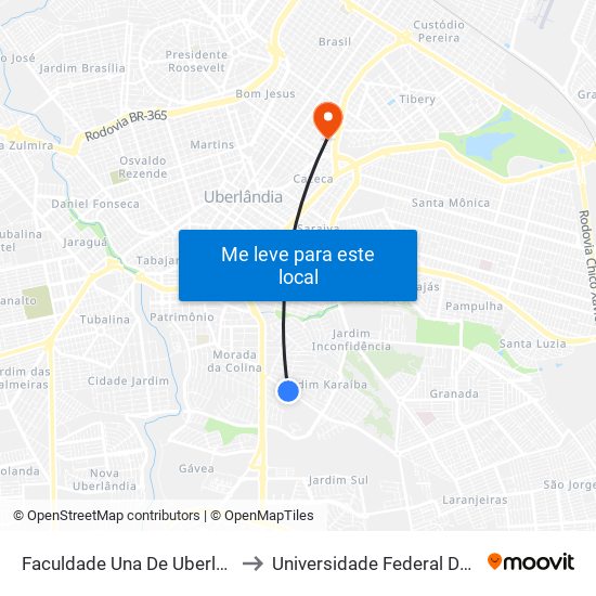 Faculdade Una De Uberlândia -  Karaíba/Ubershopping to Universidade Federal De Uberlândia - Campus Educa map