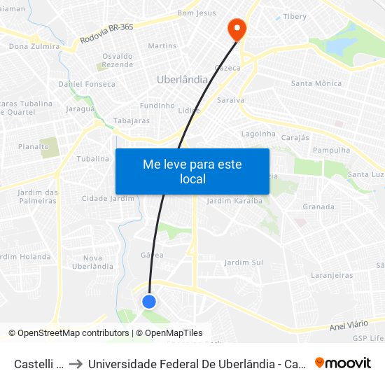 Castelli Hall to Universidade Federal De Uberlândia - Campus Educa map