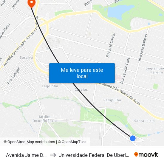 Avenida Jaime De Barros, 411 to Universidade Federal De Uberlândia - Campus Educa map