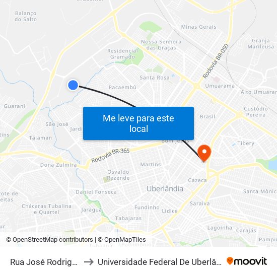 Rua José Rodrigues, 126-266 to Universidade Federal De Uberlândia - Campus Educa map