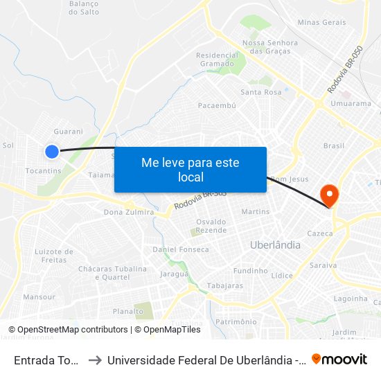 Entrada Tocantins to Universidade Federal De Uberlândia - Campus Educa map