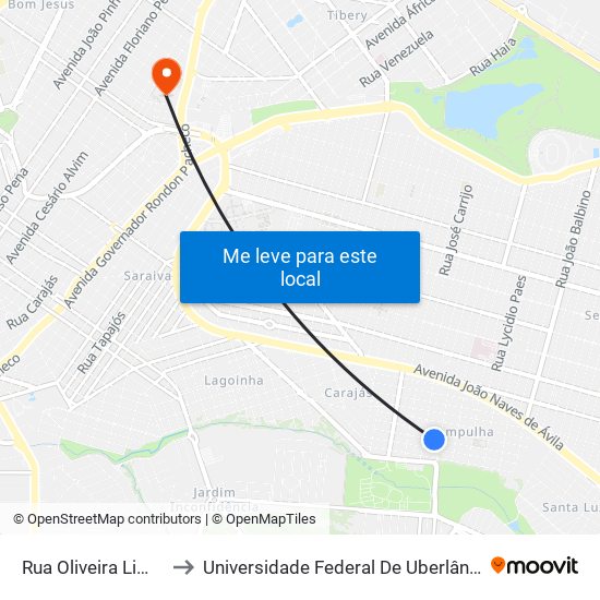 Rua Oliveira Lima, 452-542 to Universidade Federal De Uberlândia - Campus Educa map