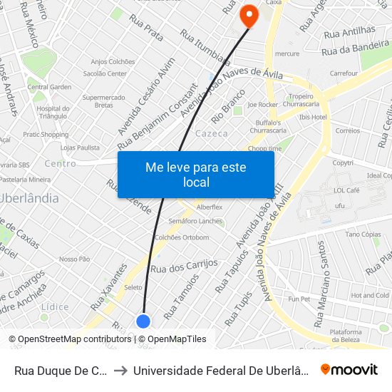 Rua Duque De Caxias, 1383 to Universidade Federal De Uberlândia - Campus Educa map