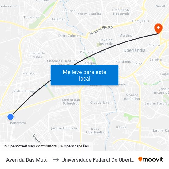 Avenida Das Mussaendras, 220 to Universidade Federal De Uberlândia - Campus Educa map