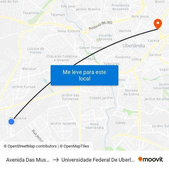 Avenida Das Mussaendras, 225 to Universidade Federal De Uberlândia - Campus Educa map